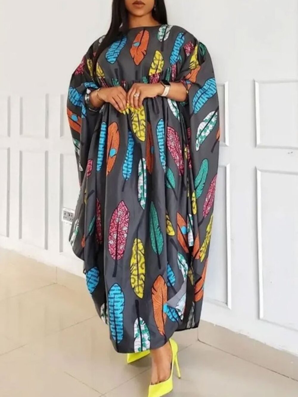 Leaf/Feather Print Kaftan Dress Size F Bohemian Dress NWT house of S.D